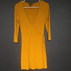 Forever 21 Yellow Wrap Tie Front Sheath Dress 3/4 Sleeve V-Neck